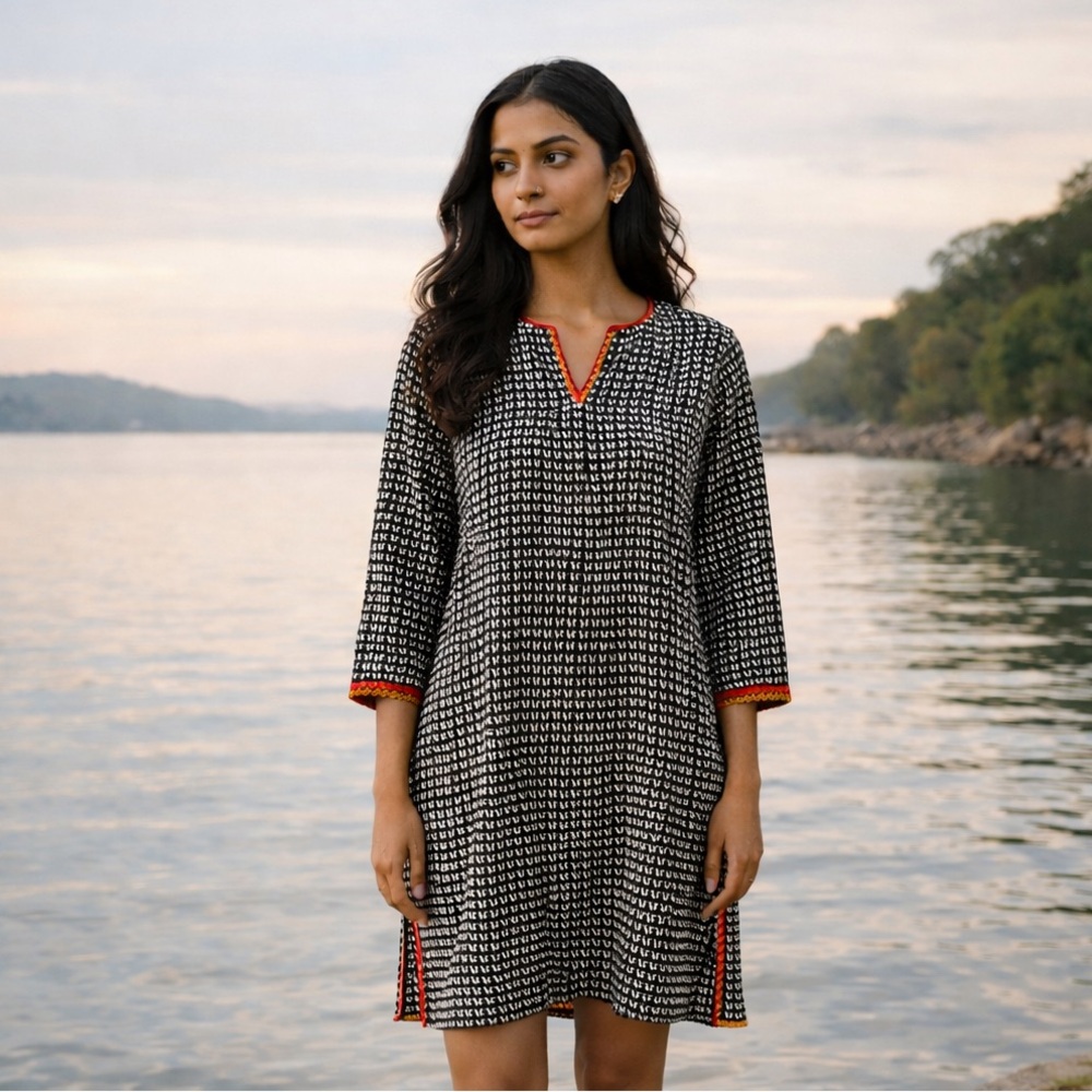 Beechtree Black White Patterned Midi Dress Size 10 Modest Chic Everyday